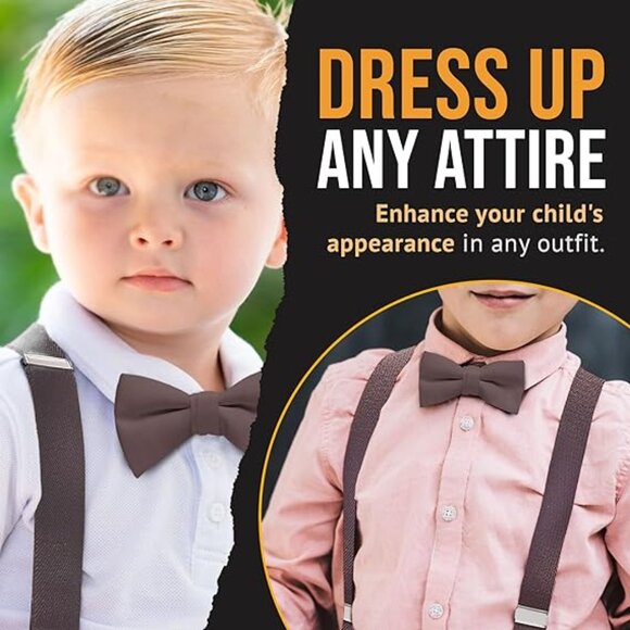 Hold’Em 1” Suspender Bow Tie Set for Kids & Baby Pre-tied Bow Tie  - Brown - Picture 5 of 7